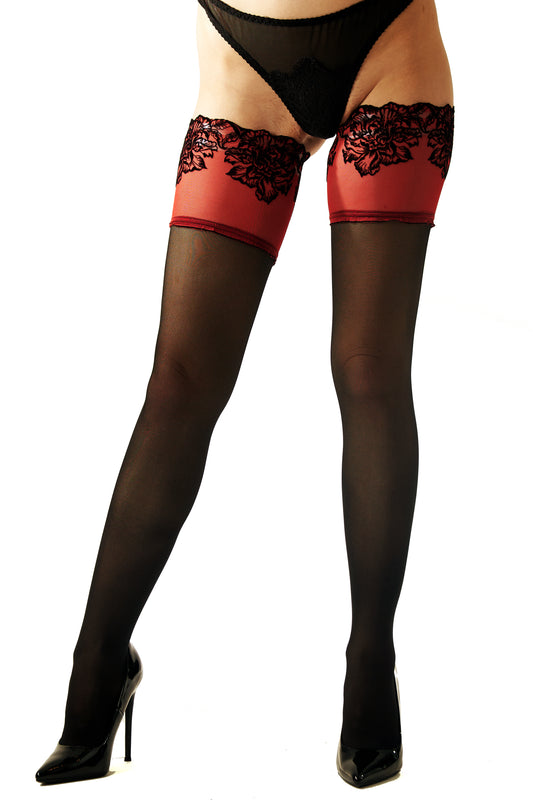 Sheer Hold Ups Luxury Flocked Lace Blk_Red
